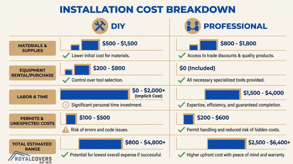 DIY vs professional pergola installation cost breakdown showing materials, labor, permits, and total pricing comparison for patio covers