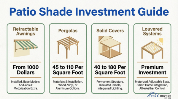 Patio shade investment guide comparing pergolas, solid covers, awnings, and louvered systems costs