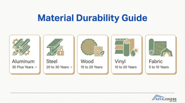 Patio shade material durability comparison including aluminum, steel, wood, vinyl, and fabric lifespan