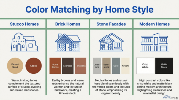 Pergola color matching guide by home style including stucco, brick, stone, and modern designs