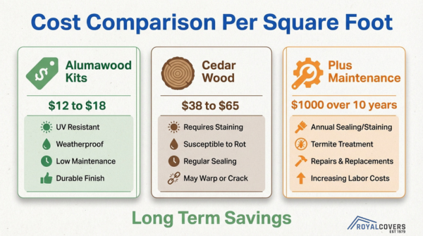 Pergola cost per square foot comparison between Alumawood kits and cedar wood with maintenance costs