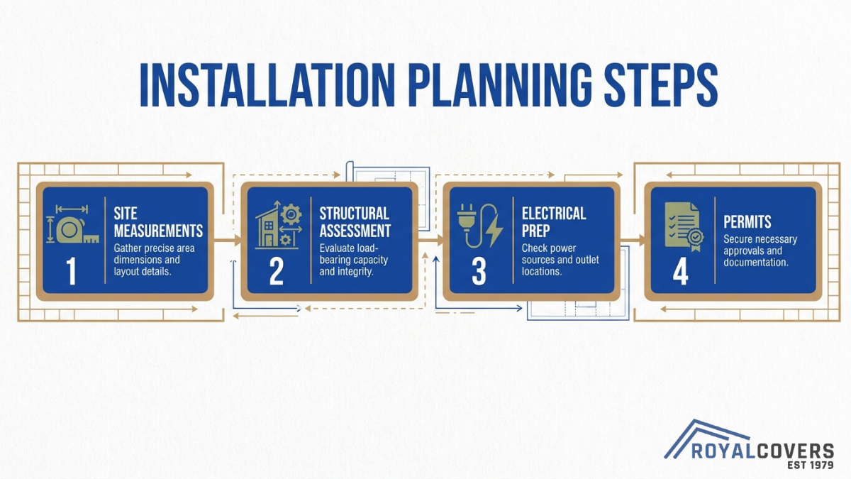 Step-by-step pergola installation planning process including site measurements, structural assessment, electrical prep, and permits.