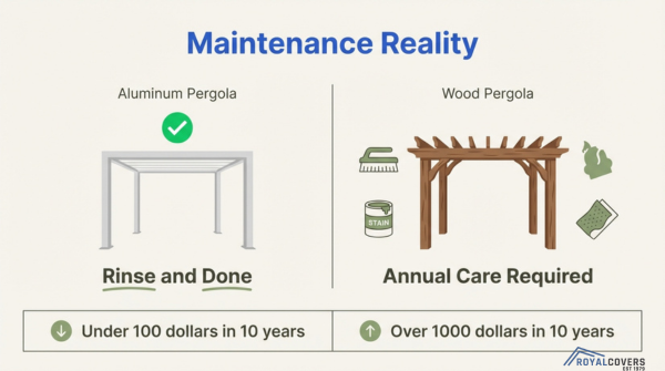 Pergola maintenance comparison showing low maintenance Alumawood vs yearly care for wood