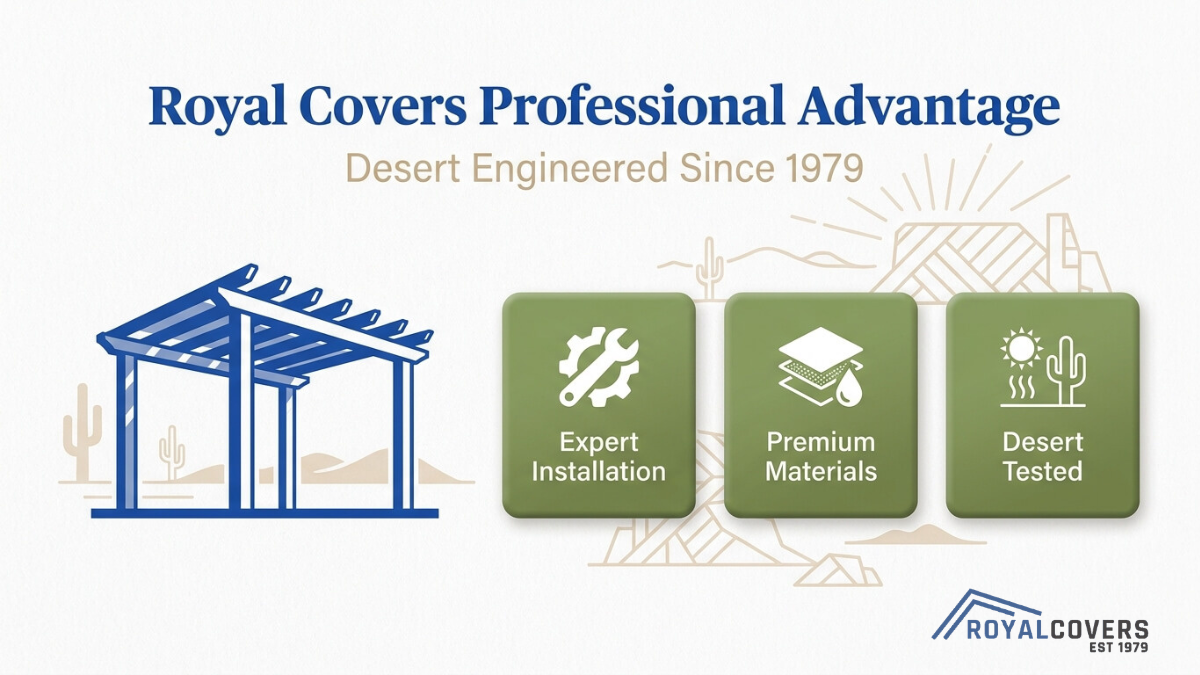 Royal Covers professional pergola installation in desert climate with expert installation, premium materials, and desert-tested durability