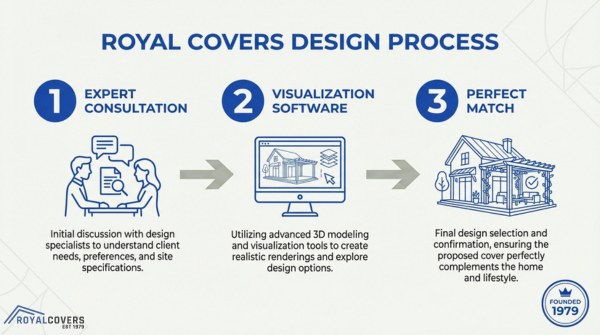 Royal Covers patio cover design process from consultation to 3D visualization and final selection