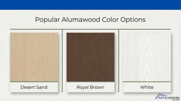 Popular Alumawood patio cover color options including desert sand, royal brown, and white