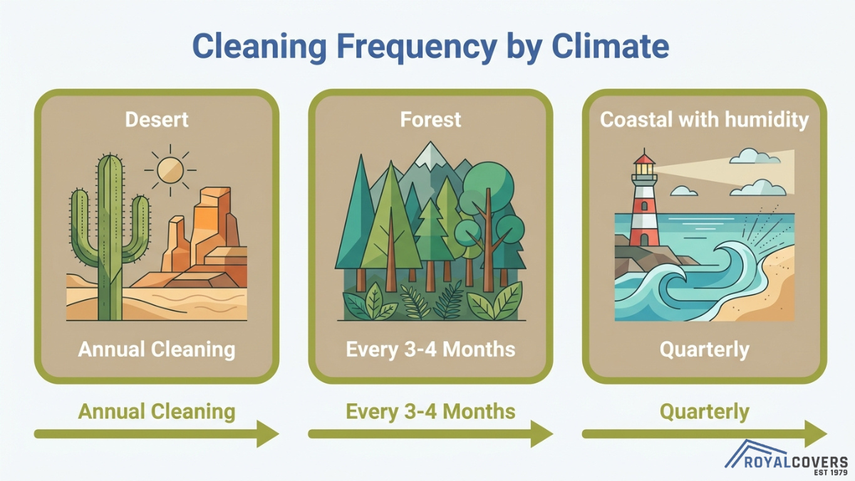 Guide to pergola cleaning frequency by climate showing desert annual cleaning, forest every 3 to 4 months, and coastal quarterly maintenance