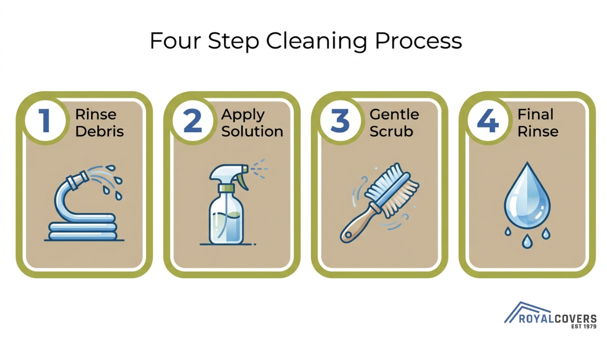 Step by step pergola cleaning process including rinsing debris, applying solution, gentle scrubbing, and final rinse for proper maintenance