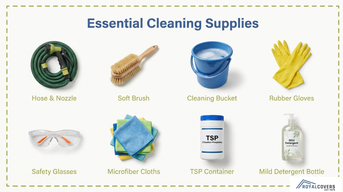 List of essential pergola cleaning tools including hose, soft brush, bucket, gloves, microfiber cloths, detergent, and safety glasses