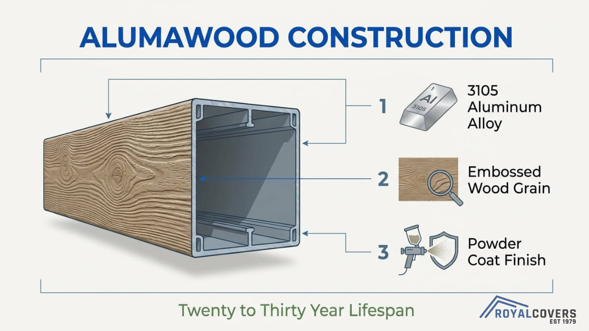 Alumawood beam construction with 3105 aluminum alloy core, embossed wood grain texture, and durable powder coat finish for outdoor use