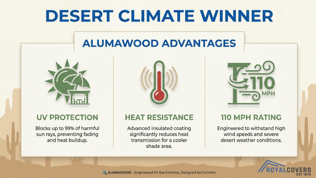 Alumawood pergola benefits infographic showing UV protection, heat resistance, and 110 mph wind rating for desert climates