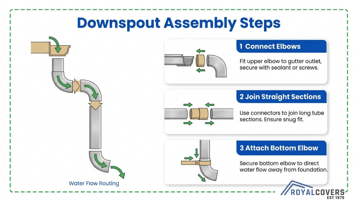 Step-by-step downspout assembly diagram showing elbow connection, straight section joining, and water flow routing for gutter drainage system