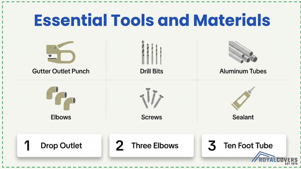 Essential tools and materials for gutter and downspout installation including drill bits, aluminum tubes, elbows, screws, and sealant