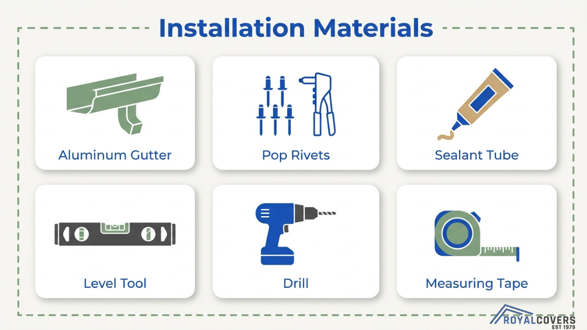 Tools and materials for gutter installation including aluminum gutters, rivets, sealant, level, drill, and measuring tape