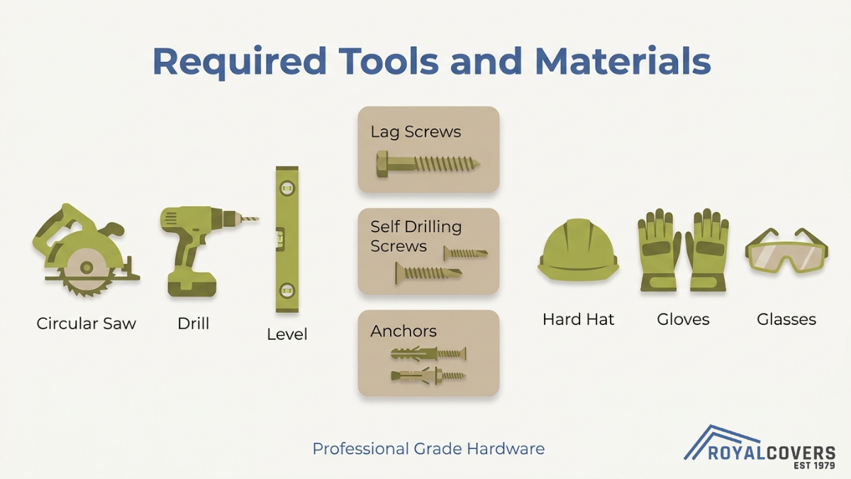 Construction tools and materials needed for rafter installation including drill, circular saw, level, screws, anchors, and safety gear