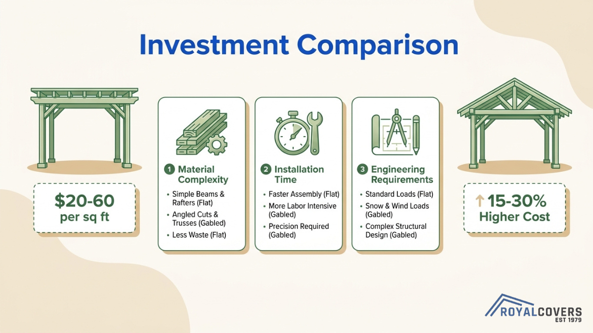 Pergola cost comparison infographic highlighting flat roof vs gable design pricing, installation time, materials, and engineering differences
