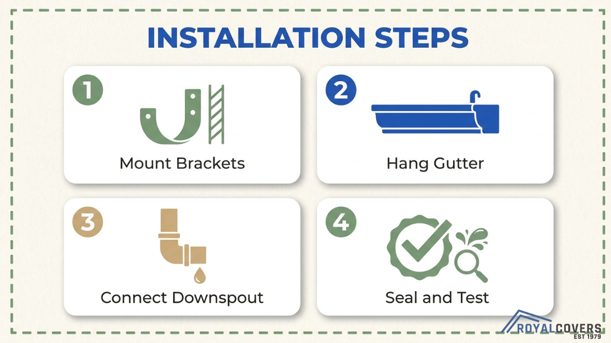Step by step gutter installation process including mounting brackets, hanging gutter, connecting downspout, and sealing system