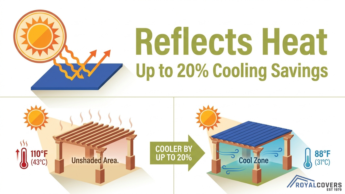 Pergola heat reflection diagram showing up to 20 percent cooling savings with shaded structure compared to unshaded outdoor area