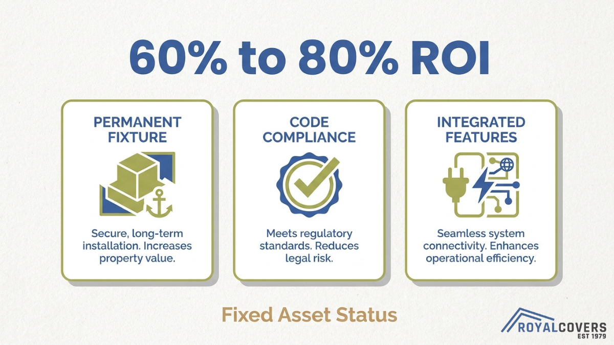 Pergola return on investment infographic showing 60 to 80 percent ROI with permanent installation, code compliance, and integrated features