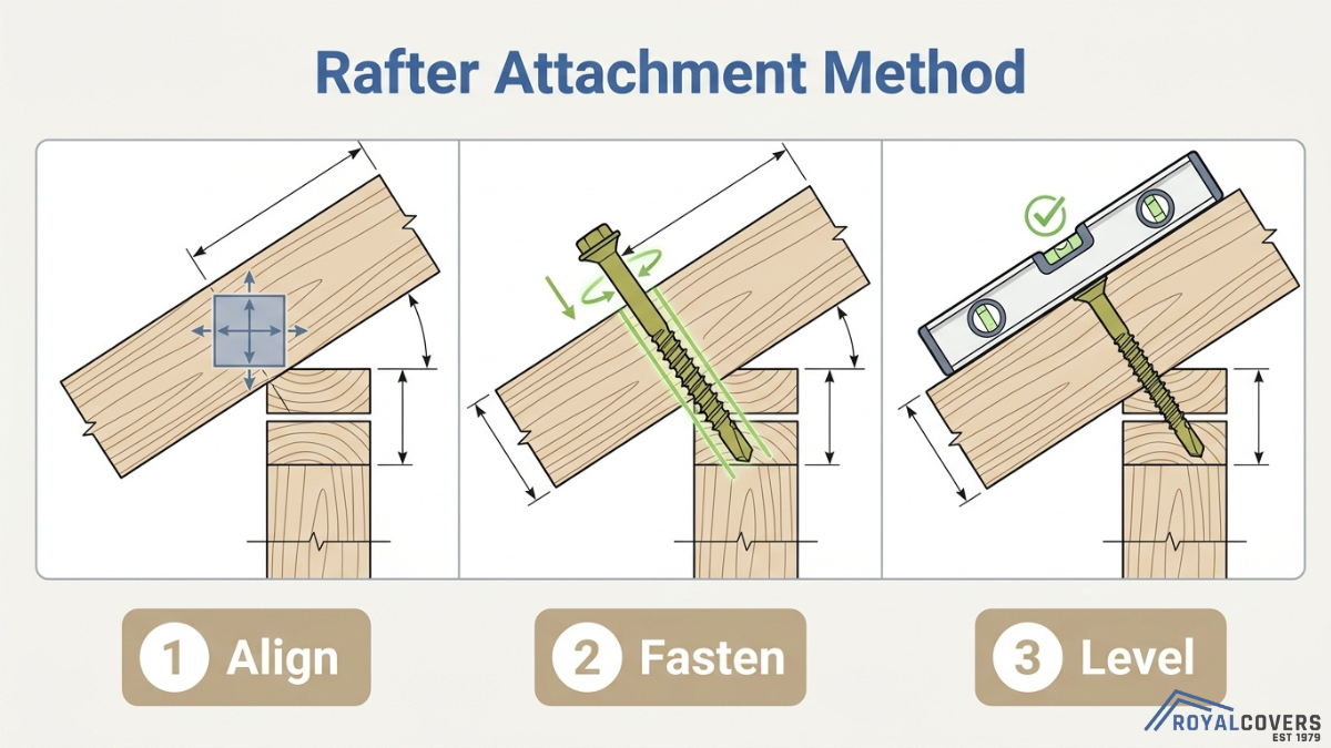 Step by step diagram of rafter attachment method showing alignment, fastening with lag screws, and leveling for accurate installation