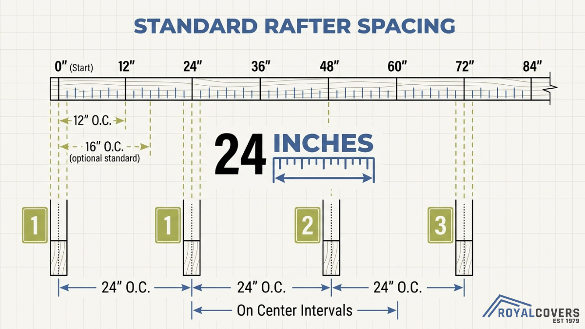 Diagram illustrating standard rafter spacing with 24 inch on center intervals and measurement guide for proper structural layout
