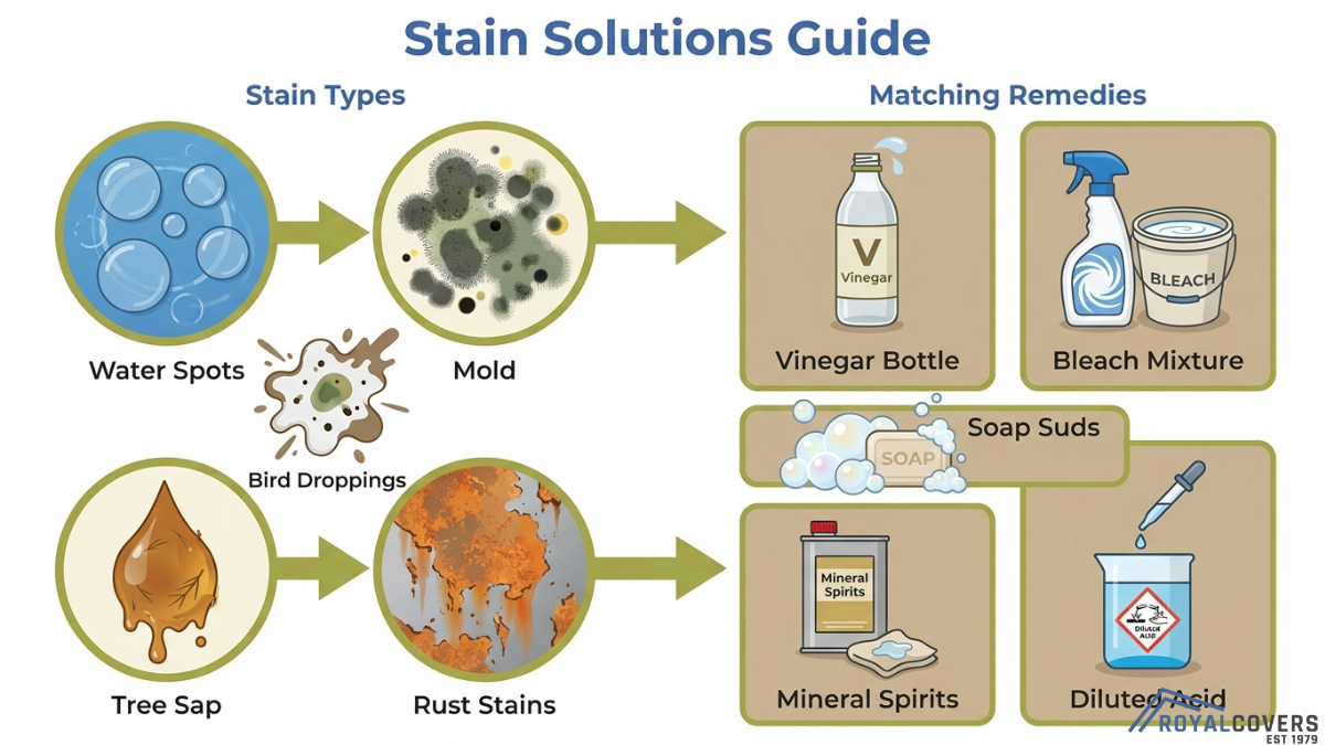 Pergola stain removal guide showing common stains like mold, rust, and tree sap with cleaning solutions such as vinegar, bleach, and mineral spirits