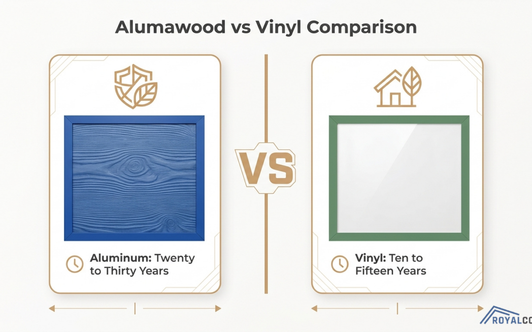 Side by side comparison of alumawood and vinyl patio covers highlighting durability, lifespan, and material differences