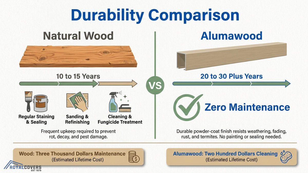 Alumawood vs natural wood durability comparison showing lifespan, maintenance requirements, and long-term cost differences for pergolas