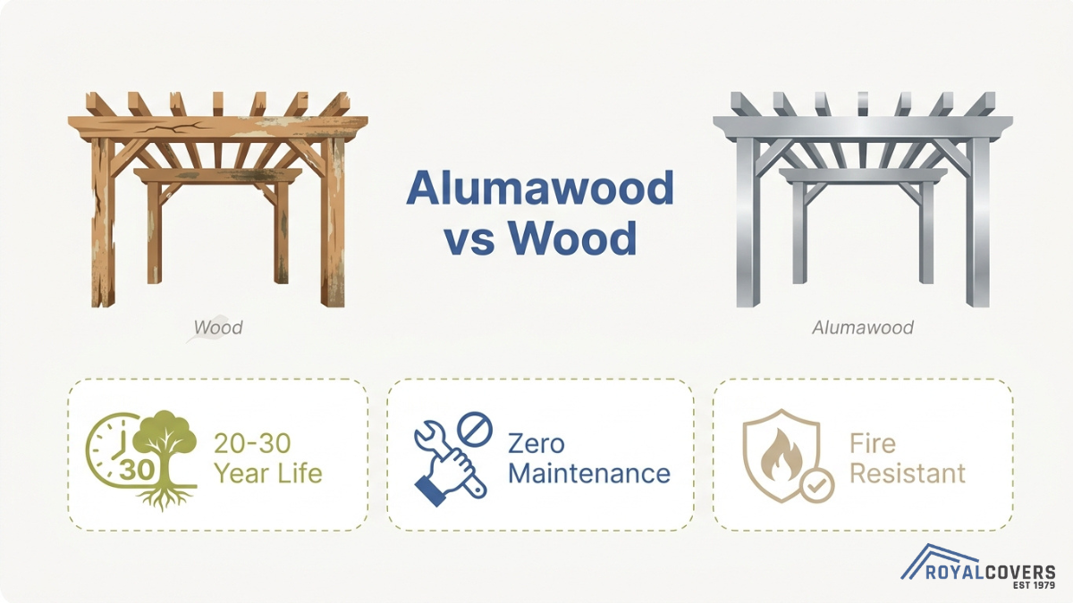 Comparison graphic of wood vs Alumawood pergola highlighting lifespan, zero maintenance, and fire resistant advantages