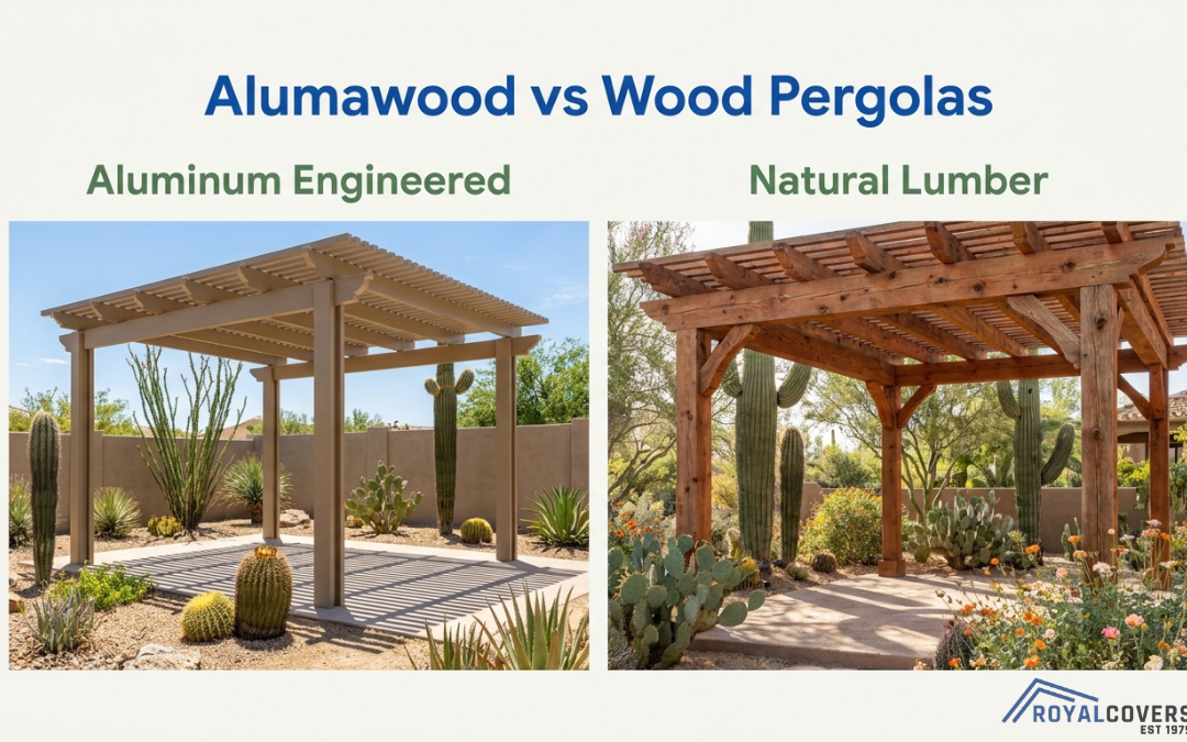 Side by side comparison of modern Alumawood pergola and traditional wood pergola in desert backyard landscape