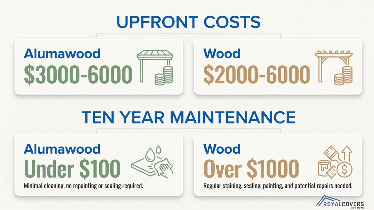 Pergola cost comparison infographic showing upfront pricing and ten year maintenance costs for Alumawood vs wood structures