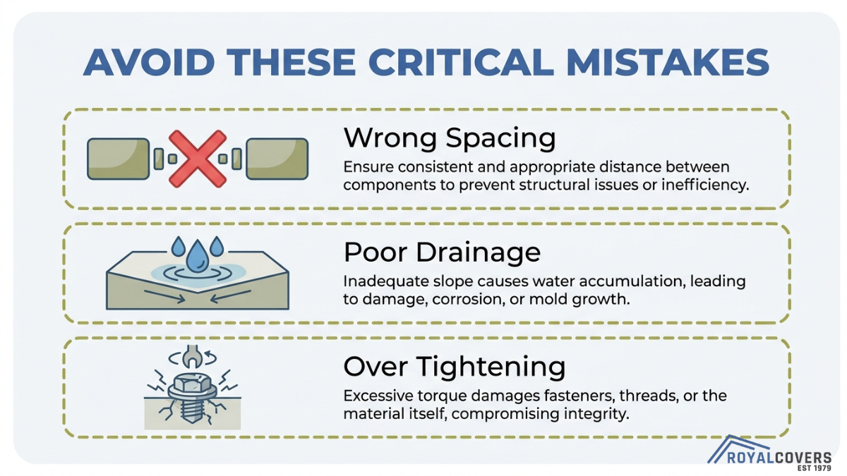Infographic showing common rafter installation mistakes including incorrect spacing, poor drainage, and over tightening fasteners