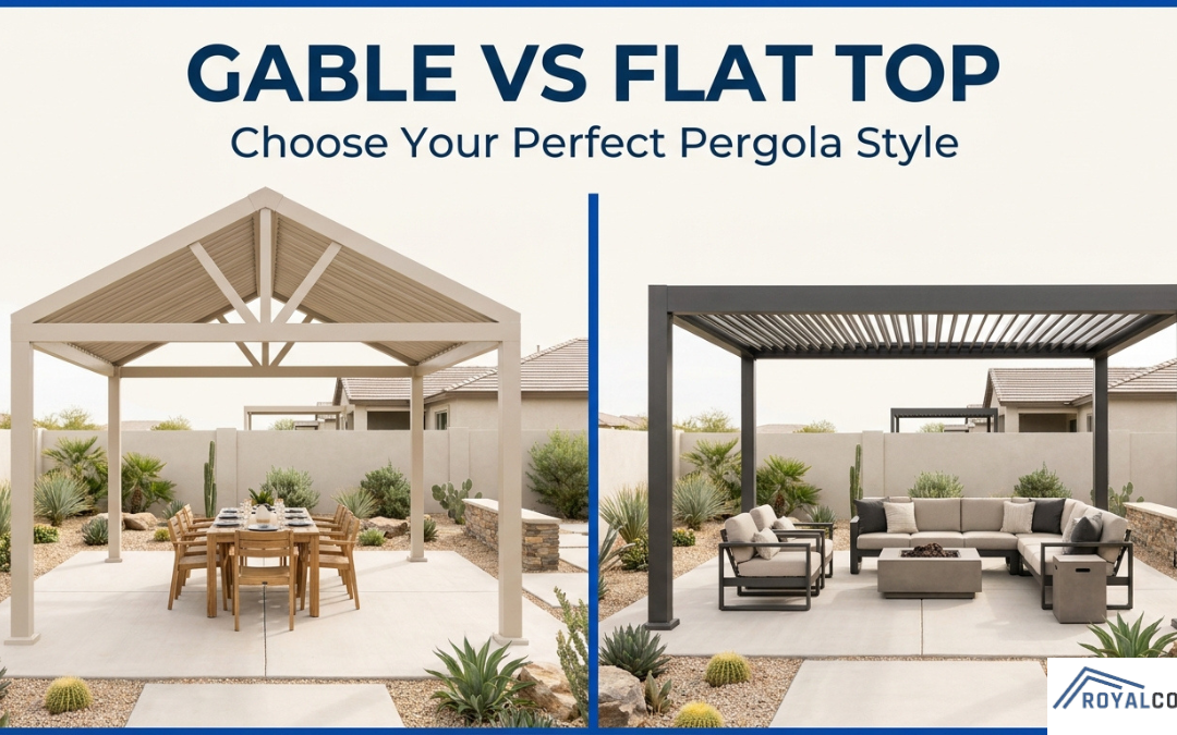 Side by side backyard pergola comparison showing gable roof dining area and modern flat roof lounge setup for outdoor living
