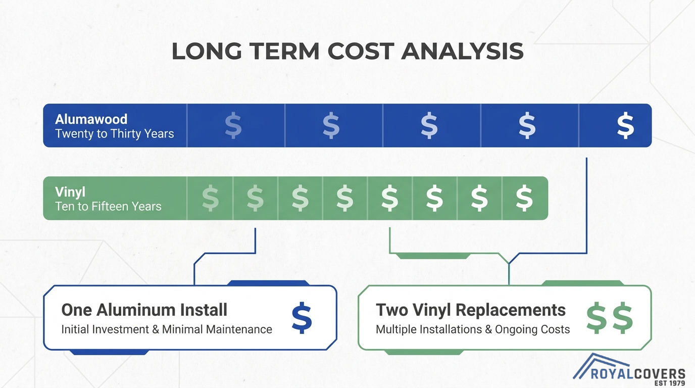 Long term cost comparison of aluminum and vinyl patio covers showing lower lifetime cost for alumawood versus multiple vinyl replacements.