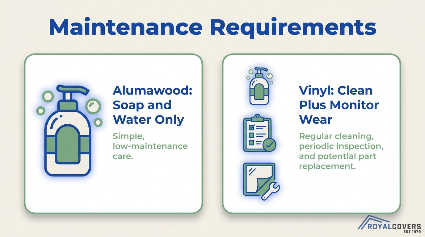 Aluminum vs vinyl maintenance comparison showing alumawood requires simple cleaning while vinyl needs regular inspection and upkeep