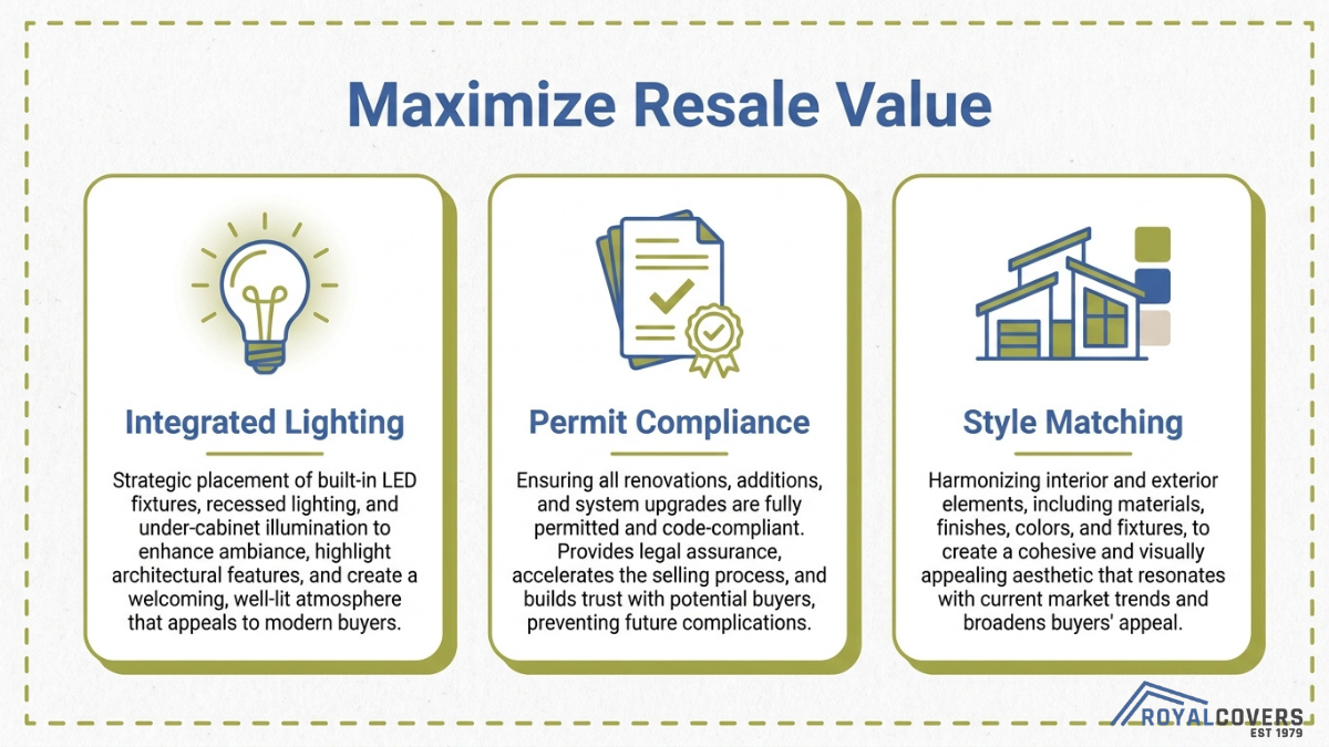 Home improvement infographic showing ways to increase resale value with integrated lighting, permit compliance, and cohesive exterior design
