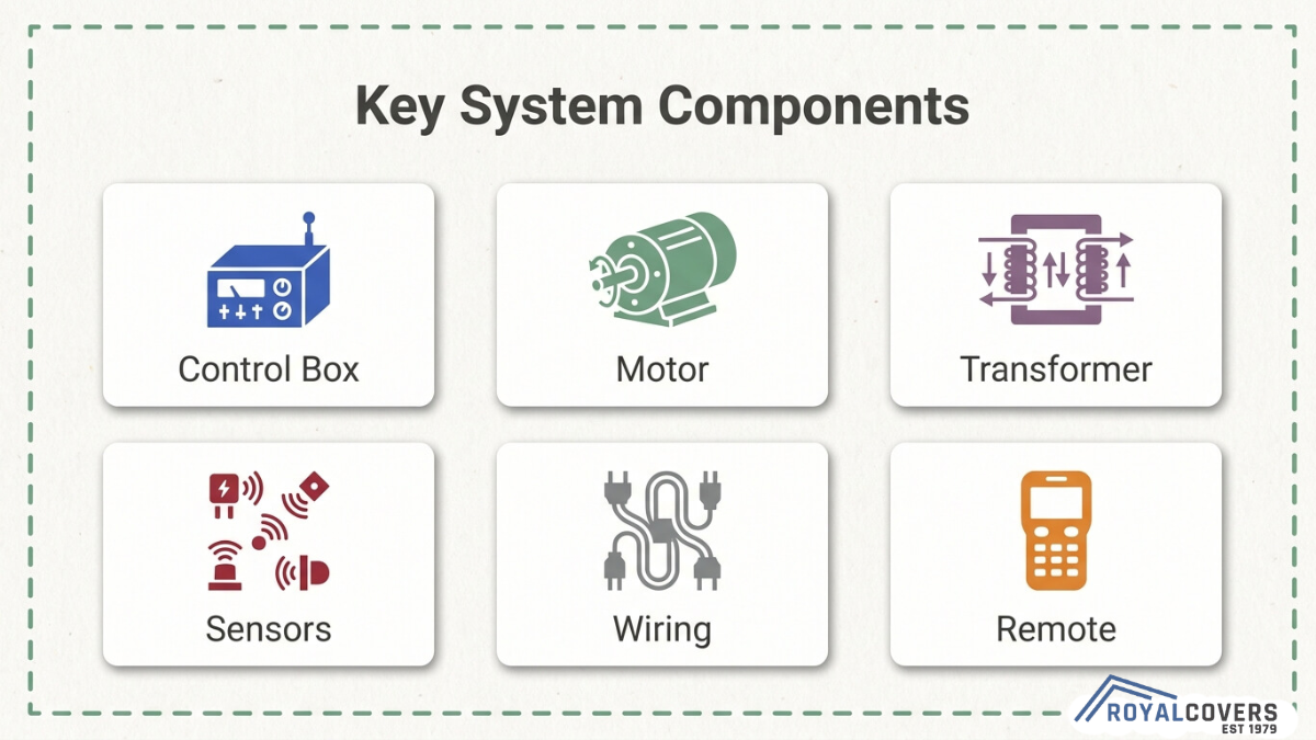 Motorized pergola system components including control box, motor, transformer, sensors, wiring, and remote control setup