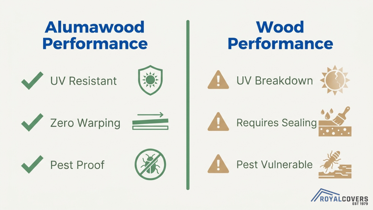 Performance comparison showing Alumawood pergola advantages like UV resistance and pest proofing versus wood vulnerabilities