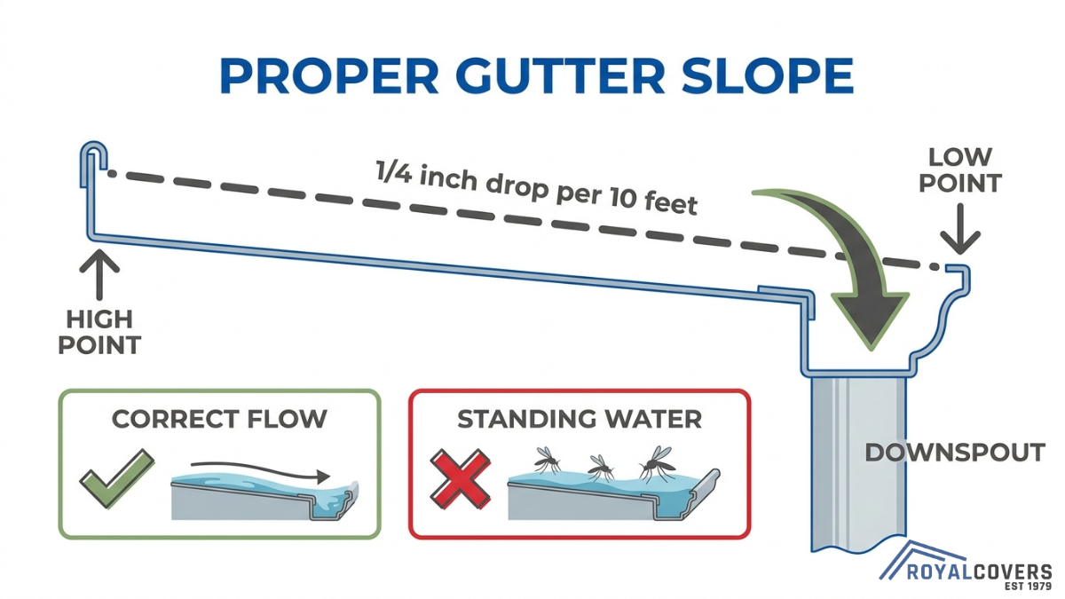 Diagram showing proper gutter slope with quarter inch drop per 10 feet for correct water flow and prevention of standing water