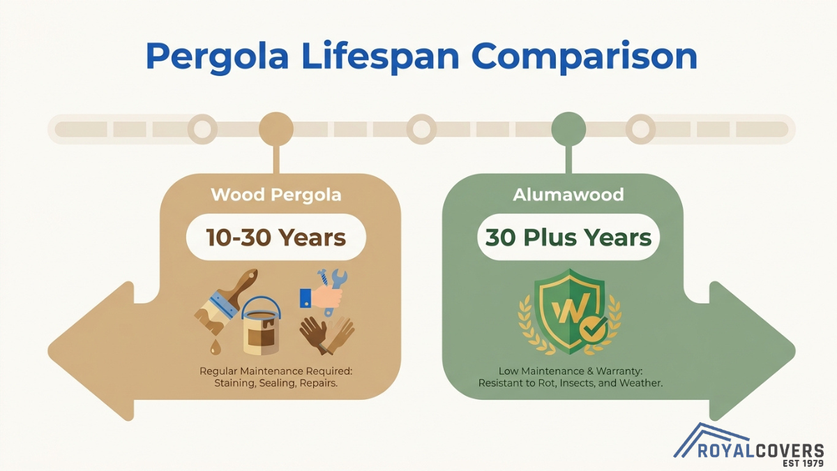 Comparison of pergola lifespan showing wood lasting 10 to 30 years versus Alumawood lasting over 30 years with low maintenance