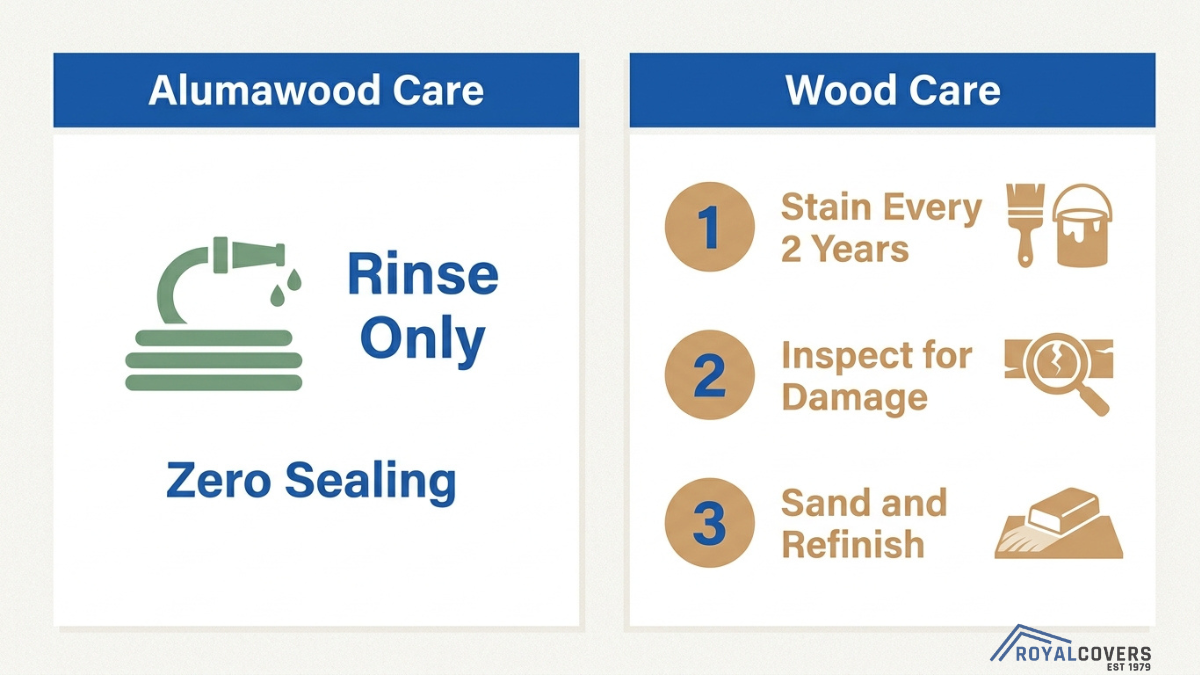 Maintenance comparison chart showing Alumawood requires simple rinsing while wood pergolas need staining, inspection, and refinishing