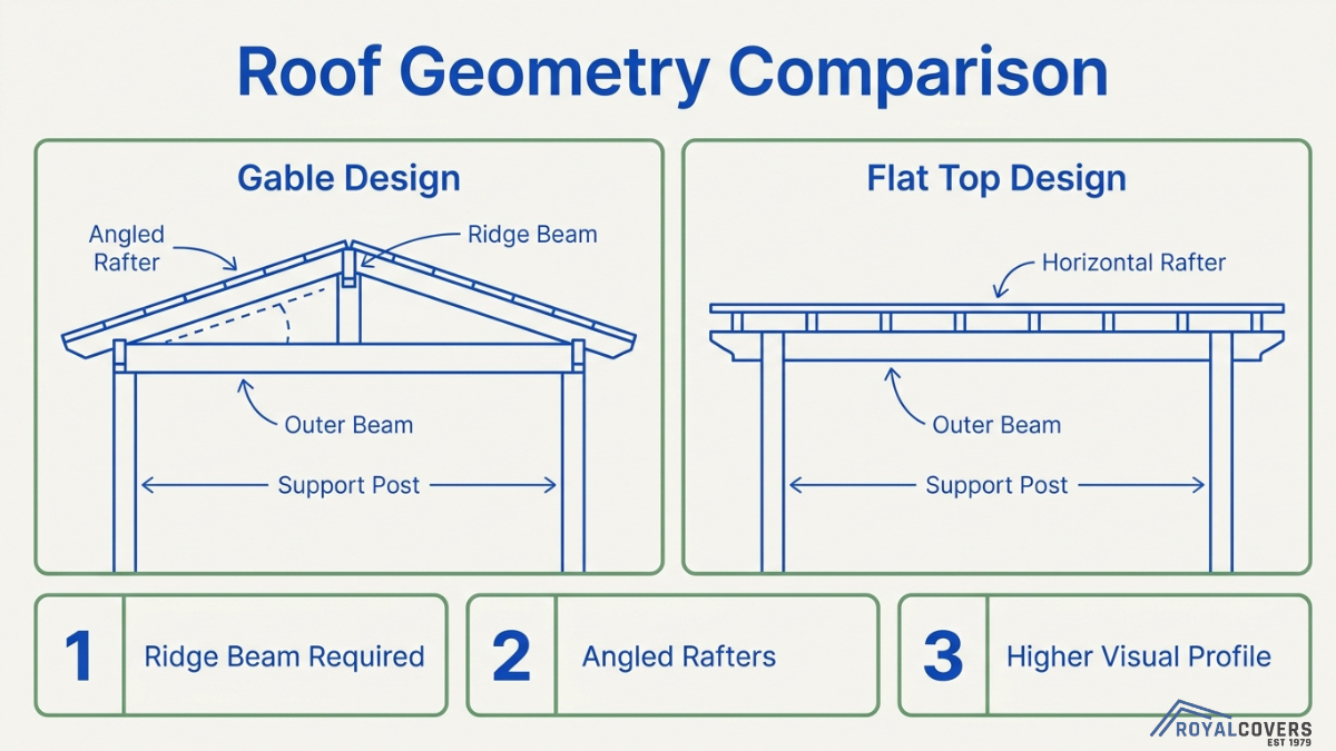 Technical diagram comparing gable roof and flat roof pergola structures showing rafters, ridge beam, and support posts layout