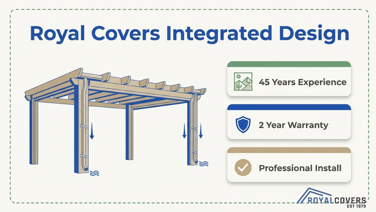 Integrated pergola design with built in gutter system highlighting professional installation, warranty, and long term durability features
