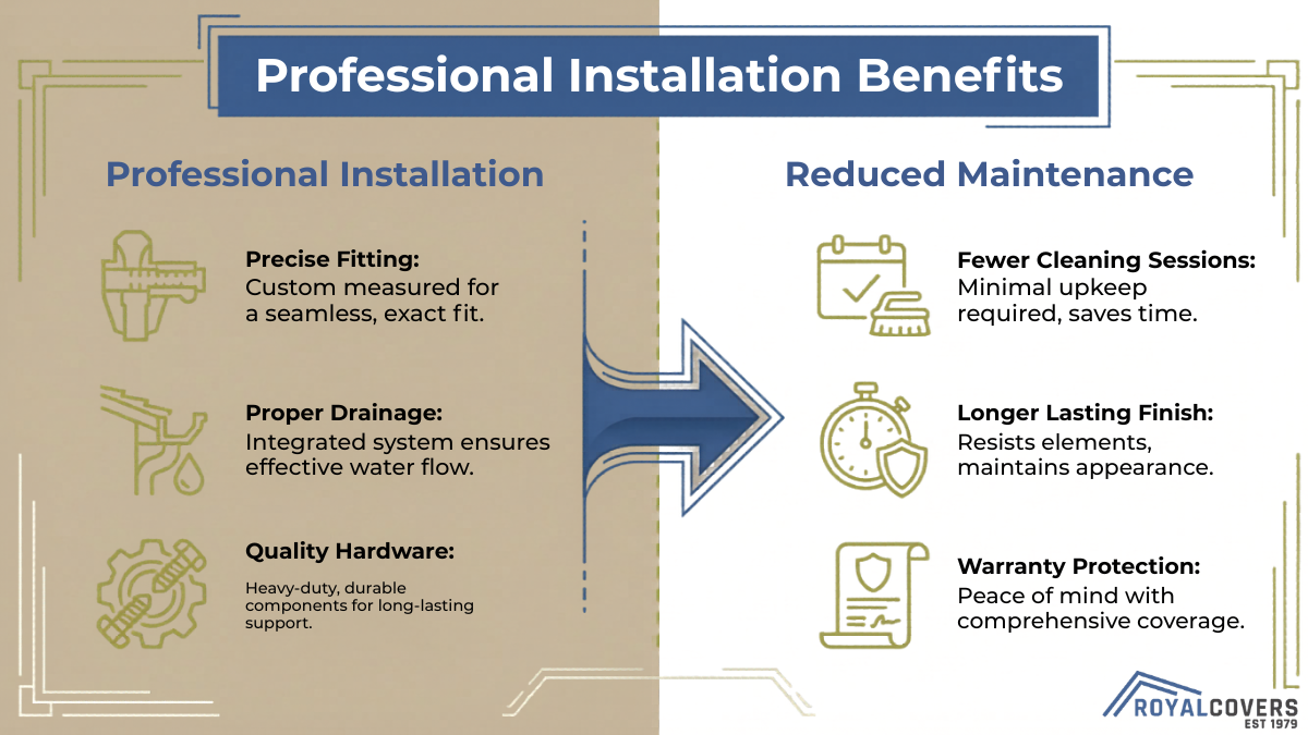 Infographic showing benefits of professional pergola installation including precise fitting, proper drainage, reduced maintenance, and warranty protection