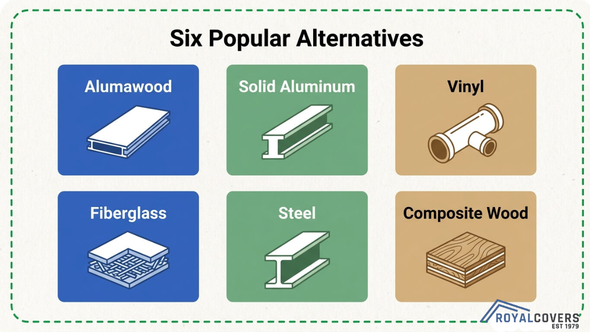 Comparison of six pergola materials including Alumawood, solid aluminum, vinyl, fiberglass, steel, and composite wood options