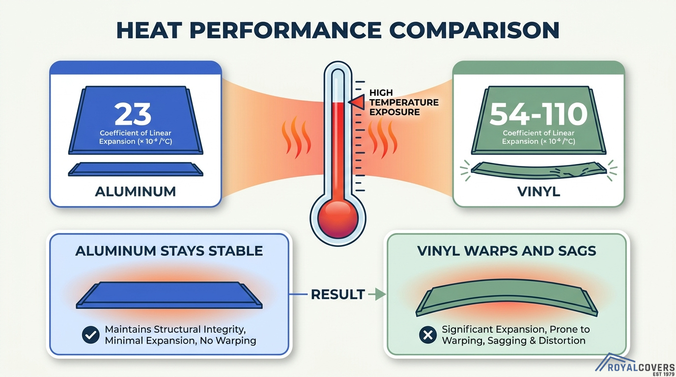 Heat performance comparison of aluminum and vinyl showing aluminum resists expansion while vinyl warps under high temperatures.