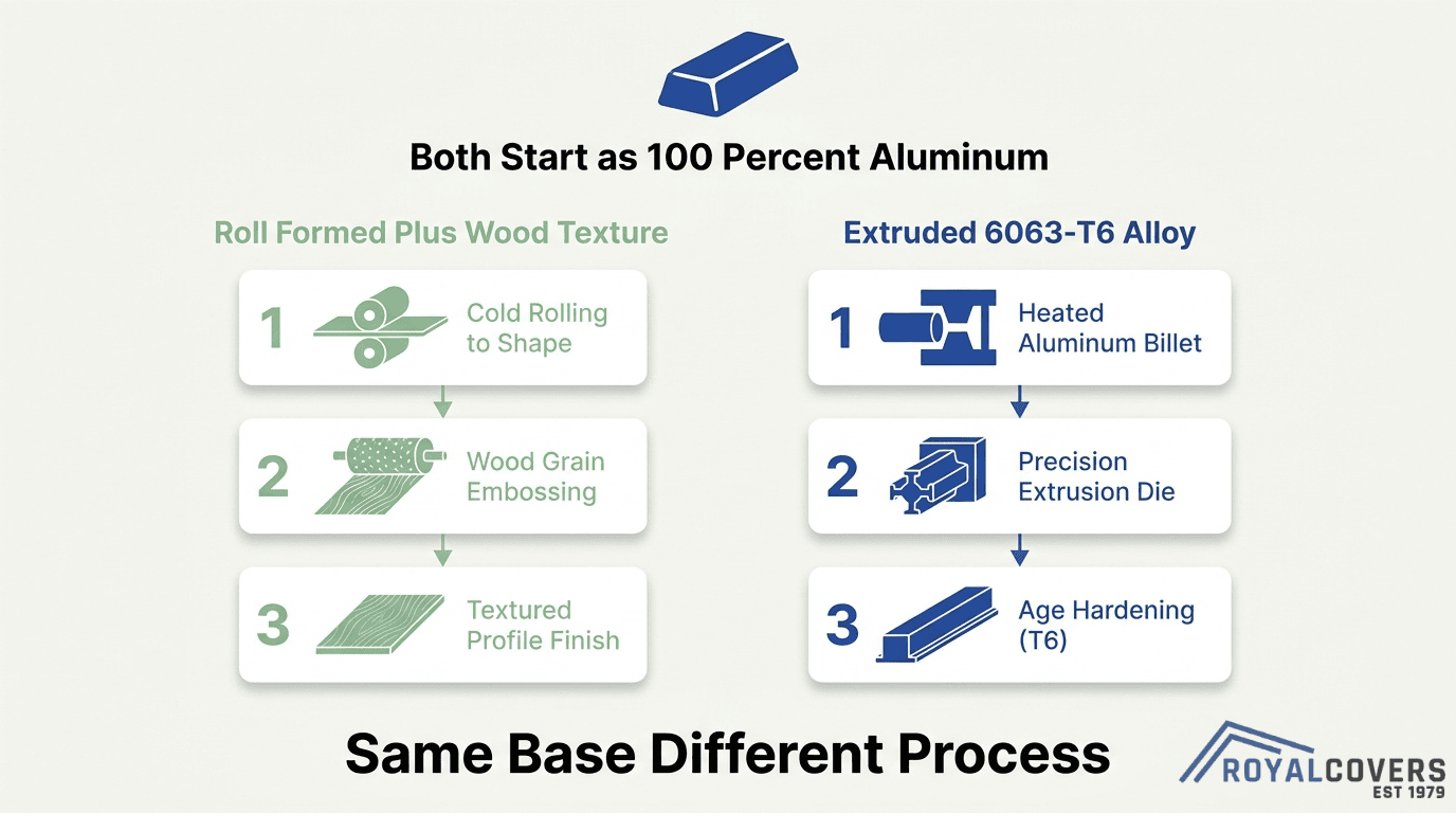 Alumawood and extruded aluminum pergola manufacturing process comparison showing roll-formed and 6063-T6 alloy materials