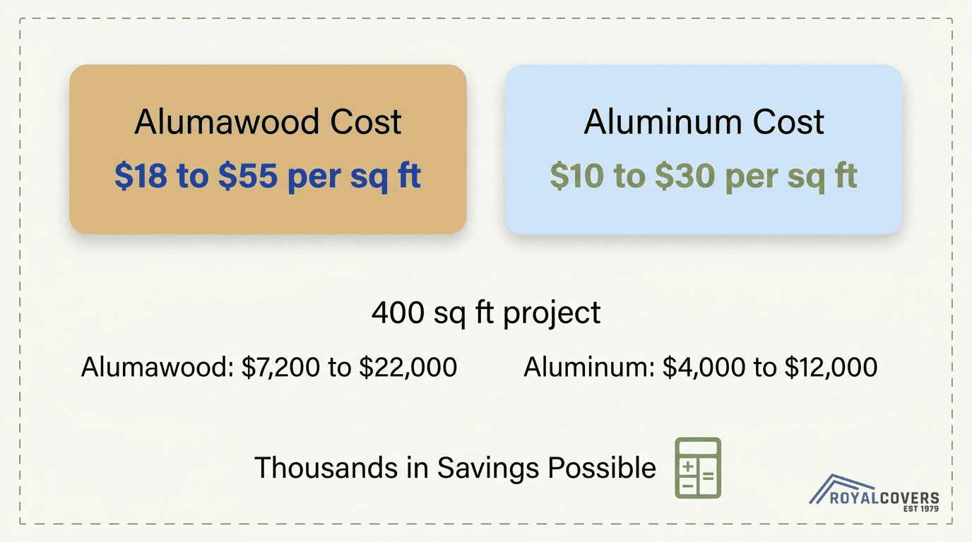Alumawood vs aluminum pergola cost comparison infographic for a 400-square-foot patio cover project