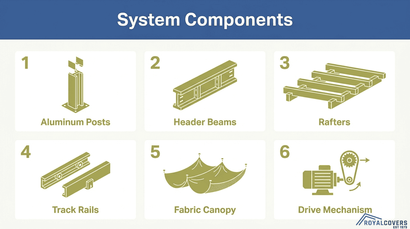 Alumawood pergola system components diagram showing aluminum posts, header beams, rafters, track rails, fabric canopy, and drive mechanism