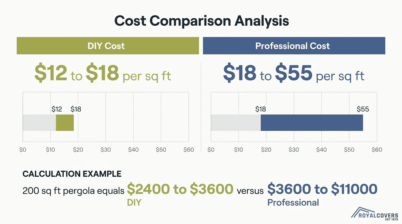 Alumawood pergola DIY vs professional cost comparison showing $12 to $18 per square foot for DIY and $18 to $55 per square foot for professional installation